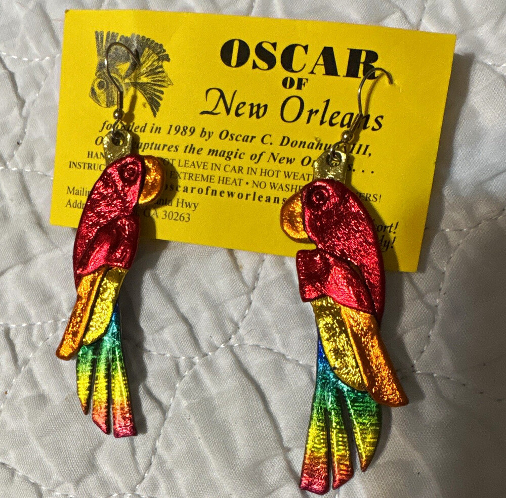 Oscar of New Orleans Multicolor Parrot Dangle Hook Earrings papier-mâché resin 